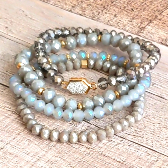 New Gray Crystal Beaded Bracelets Boho Multi Layer Stretch Natural Gemstone - Picture 6 of 12